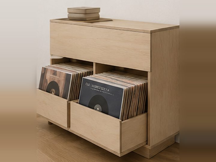 Design visualisation of a birch plywood pull-out vinyl storage unit with two drawers of records.