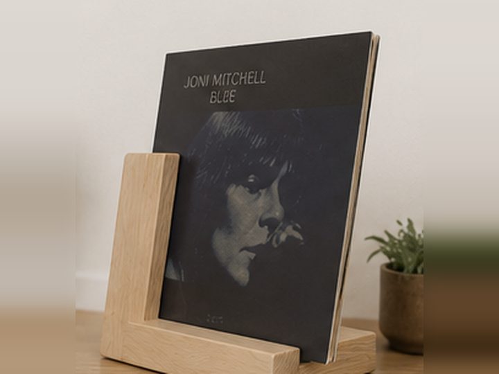 Design visualisation of a birch plywood now playing record stand holding a record sleeve upright.