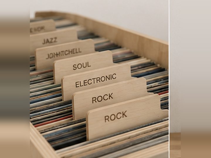 Design visualisation of birch plywood record dividers labelled by genre within a record crate.