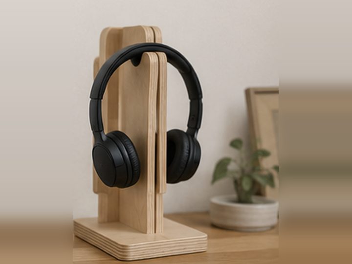 Design visualisation of a birch plywood headphone stand holding a pair of over-ear headphones.