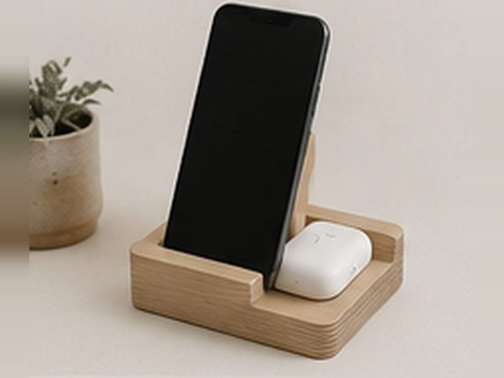 Design visualisation of a birch plywood phone and earbud stand holding a phone upright.