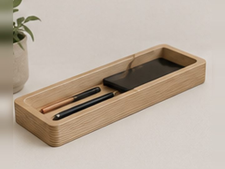 Design visualisation of a shallow birch plywood desk organiser tray holding pens.