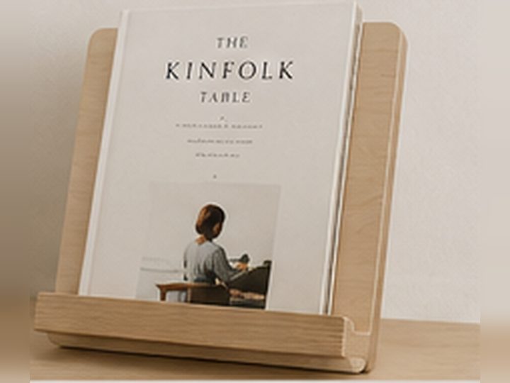 Design visualisation of a birch plywood book and cookbook stand holding an open book.