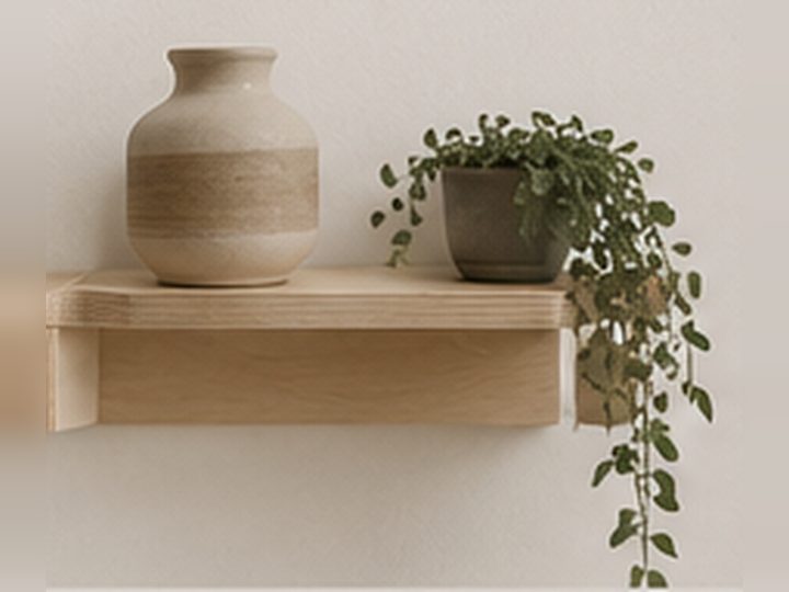 Design visualisation of a birch plywood wall shelf holding a vase and a plant.