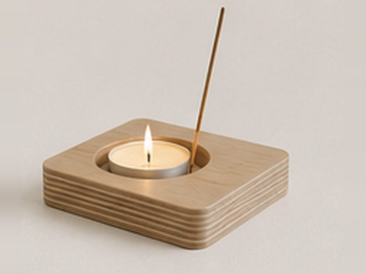 Design visualisation of a birch plywood tea light and incense holder with a lit candle.