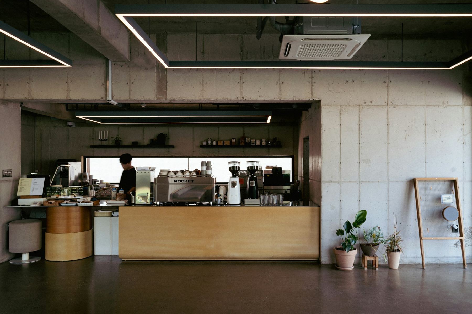 A calm, minimal coffee shop with a pale timber service counter, concrete walls and natural light.